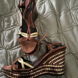 Very sharp unusual platform shoes comfortable brown and gold tones